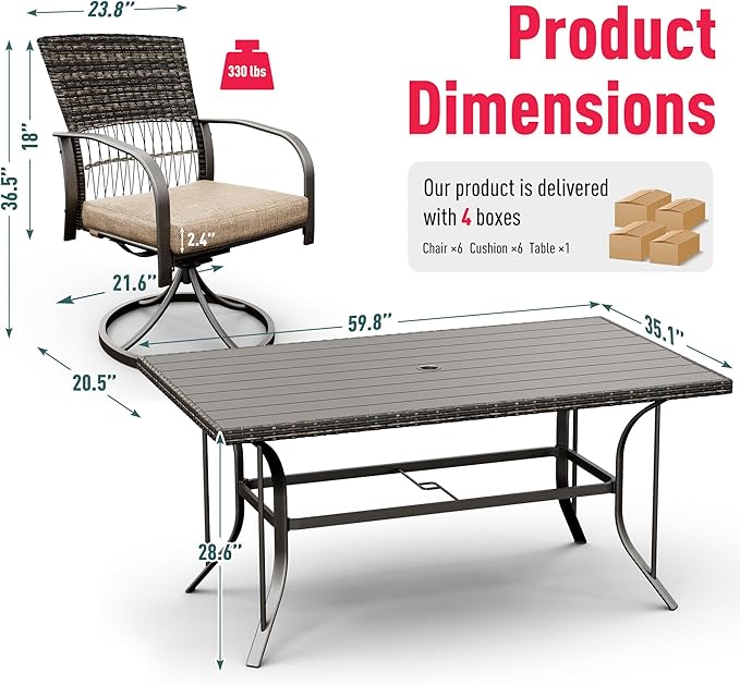 Pamapic 7 Piece Patio Dining Set for 6,Outdoor Wicker Furniture Set for Backyard Garden Deck Poolside with 6 Cushions Swivel Rocker Chairs,Iron Slats Table Top, Removable Cushions(Beige)