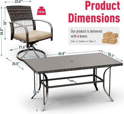 Pamapic 7 Piece Patio Dining Set for 6,Outdoor Wicker Furniture Set for Backyard Garden Deck Poolside with 6 Cushions Swivel Rocker Chairs,Iron Slats Table Top, Removable Cushions(Beige)