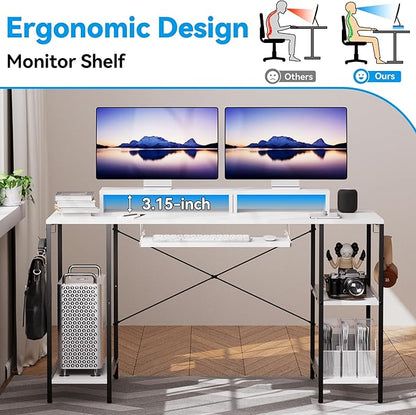 Computer Desk with Keyboard Tray, 55 Inch Music Studio Desk Music Production Desk with Storage Shelves Monitor Stands and 4 Iron Hooks, Desk Workstation Gaming Table for Home Office