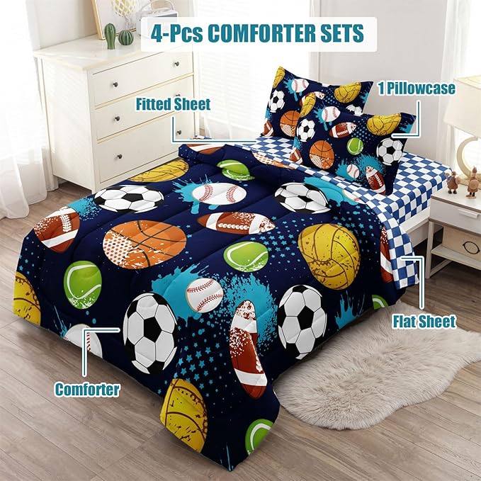 Kids Boys Comforter Set Twin Bed in a Bag w/Sheet Sets, Blue Twin Bedding Sets for Teens Soccer Basketball Baseball Football Sports Themed Bedroom Decor Reversible Design