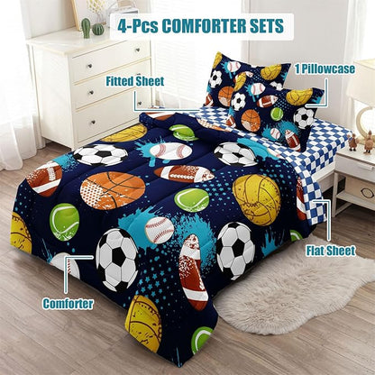 Kids Boys Comforter Set Twin Bed in a Bag w/Sheet Sets, Blue Twin Bedding Sets for Teens Soccer Basketball Baseball Football Sports Themed Bedroom Decor Reversible Design