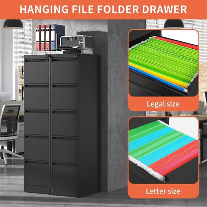 5 Drawer File Cabinet,Metal Filing Cabinets with Lock,Vertical File Cabinet for Home Office,Black Heavy Duty Metal Storage Cabinet for A4/Letter/Legal Size File,Assembly Required