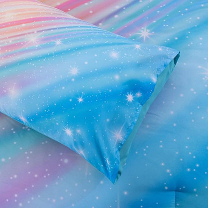 Btargot Super Soft 6 Pieces Gradient Star Ring Comforter Set, Colorful Glitter Rainbow Star Pattern Bedding Set for Boys Girls Teens, Queen Light Blue