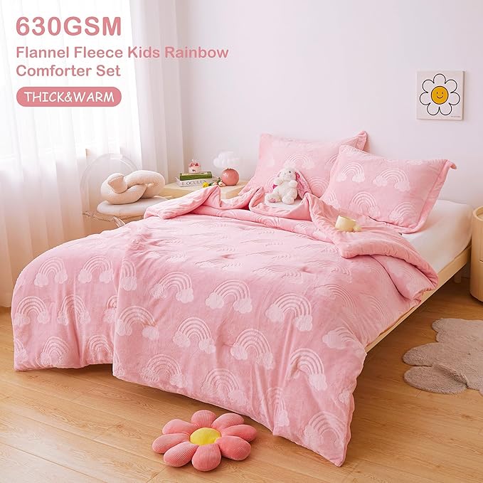 Mooreeke Twin Kids Comforter Bed Set, Embossed Plush Fleece Soft & Warm 2 Piece Bed in A Bag with Shams, Velour Velvet Pink Rainbow Girls Kids Bedding Set, Fluffy Fuzzy Polar Cozy and Stylish
