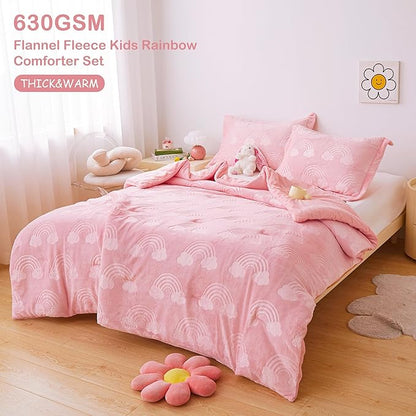Mooreeke Twin Kids Comforter Bed Set, Embossed Plush Fleece Soft & Warm 2 Piece Bed in A Bag with Shams, Velour Velvet Pink Rainbow Girls Kids Bedding Set, Fluffy Fuzzy Polar Cozy and Stylish