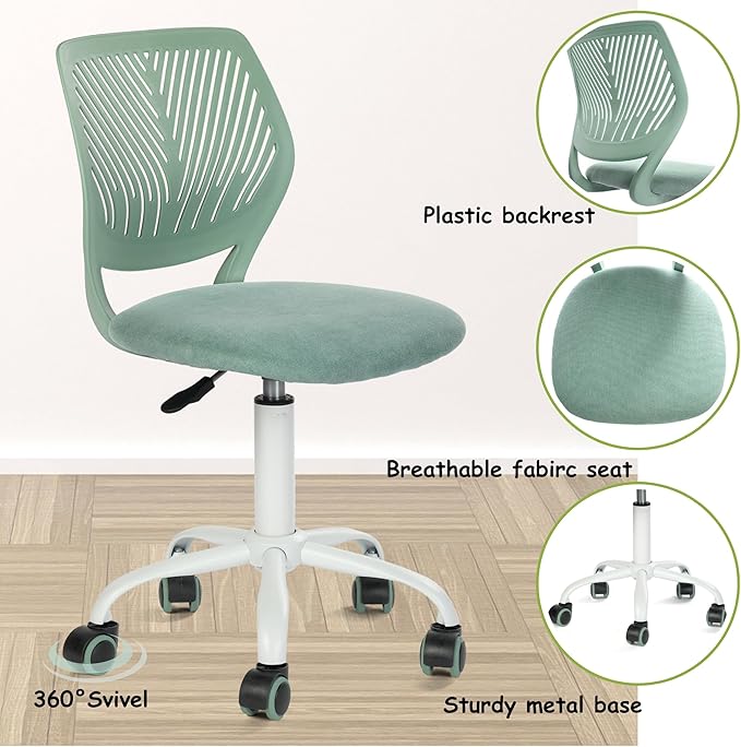 FurnitureR Writing Task Chair for Teens Boys Girls 360 Rolling Wheels Fabric Soft Pad Seat Breathable Backrest, Height Adjustable Liftup 29.5"-34.3", Morandi AQUA
