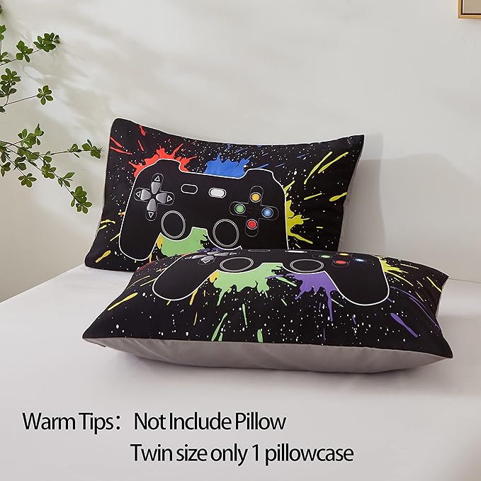 Gamer Comforter Sets Full Size for Boys Teen,Game Controller Colorful Comforter with 2 Pillowcases,Soft Microfiber Video Gaming 3 Piece Bedding Set for Game Lovers,All Season(Black,Full)