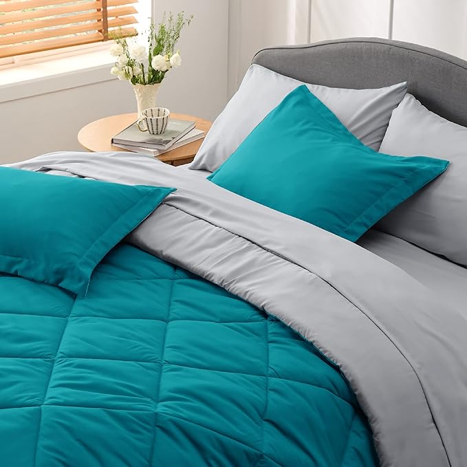 Bedsure Teal Queen Comforter Set - 7 Pieces Reversible Queen Bed in a Bag Queen Bed Set with Comforters, Sheets, Pillowcases & Shams, Queen Bedding Sets