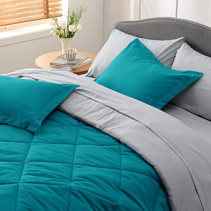 Bedsure Teal Queen Comforter Set - 7 Pieces Reversible Queen Bed in a Bag Queen Bed Set with Comforters, Sheets, Pillowcases & Shams, Queen Bedding Sets