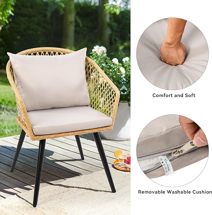 YITAHOME 3-Piece Wicker Balcony Small Patio Furniture Chair Set, Outdoor Rattan Conversation Chairs for Backyard, Balcony and Apartment with Soft Gray Cushions, Glass Side Table Light-Yellow