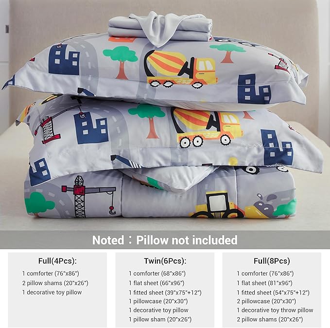 Mooreeke Bed in a Bag for Kids Boys Teens, 6 Pieces Twin Size Comforter Bed Set with Shams, Sheet Set and Decorative Toy Pillow, Excavator Super Soft Microfiber Kids Comforter Bedding Set