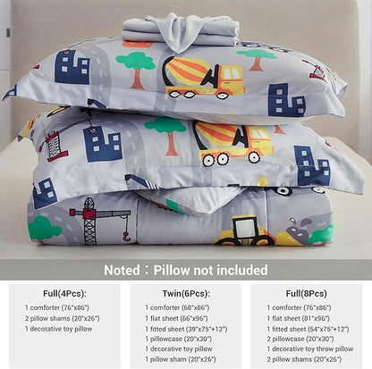 Mooreeke Bed in a Bag for Kids Boys Teens, 6 Pieces Twin Size Comforter Bed Set with Shams, Sheet Set and Decorative Toy Pillow, Excavator Super Soft Microfiber Kids Comforter Bedding Set