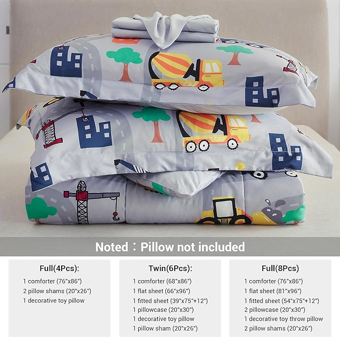 Mooreeke Bed in a Bag for Kids Boys Teens, 8 Pieces Full Size Comforter Bed Set with Shams, Sheet Set and Decorative Toy Pillow, Excavator Super Soft Microfiber Kids Comforter Bedding Set