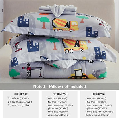 Mooreeke Bed in a Bag for Kids Boys Teens, 8 Pieces Full Size Comforter Bed Set with Shams, Sheet Set and Decorative Toy Pillow, Excavator Super Soft Microfiber Kids Comforter Bedding Set