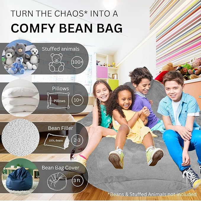 Bean Bag Chair Cover (No Filler) | Bird's Nest Shape | Adult Size | Microsuede | Stuffed Animal Storage for Kids Or Memory Foam| Double Stitched | Durable Zipper | Soft Premium