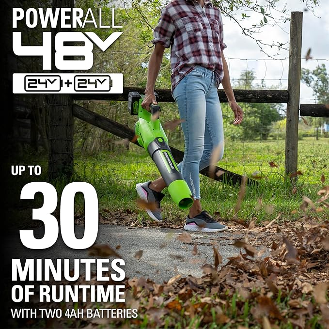 Greenworks 48V (2 x 24V) Cordless Brushless Axial Leaf Blower (140 MPH / 585 CFM / 125+ Compatible Tools), (2) 4.0Ah Batteries and Dual Port Rapid Charger Included