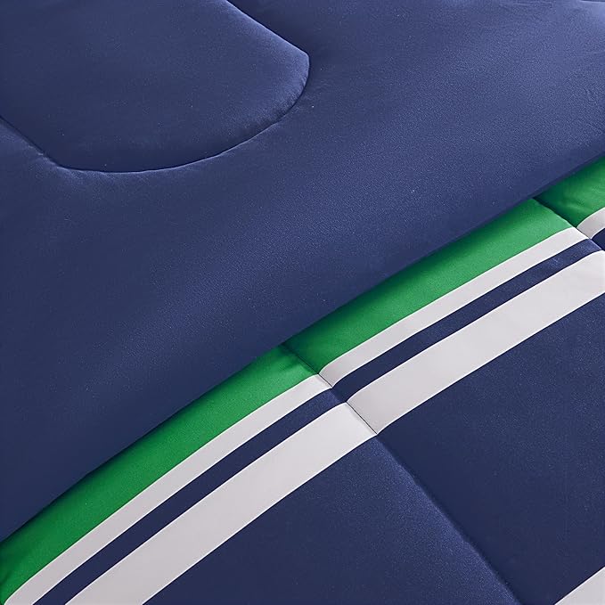 SLEEP ZONE Kids Rugby Bedding Comforter Set Full/Queen Size - Super Cute & Soft Kids Bedding 7 Pieces Set with Comforter, Sheet, Pillowcase & Sham (Rugby Stripe Navy/Green)