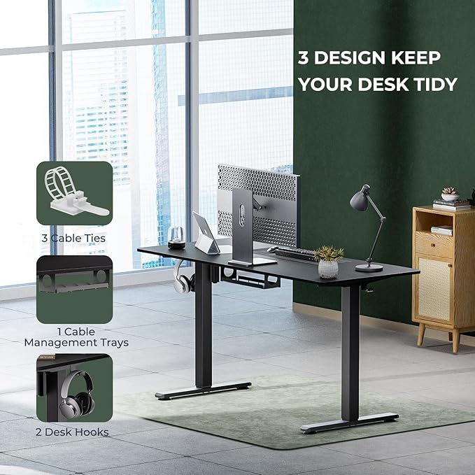 Electric Standing Desk,Adjustable Height Desk With Curved Desktop, Stand Up Desk With 2 Metal Hooks & Cable Organizer Box, Powerful Motor For Fast Switch From Sit To Stand Position 55x24 Black