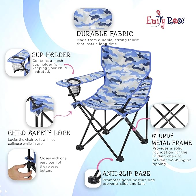 Emily Rose Kids Folding Chair | Beach Chair with Safety Lock- Camping Chair for Boyos Girls Toddler with Cup Holder & Carry Case- Tailgate, Travel, Lawn- for Indoor & Outdoor (Blue Camo)