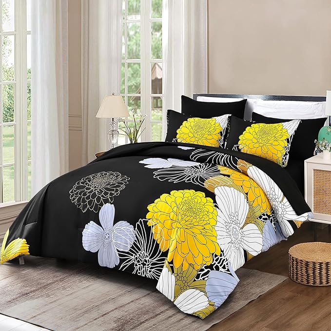 7 Pieces King Yellow Black Comforter Set Bed in a Bag Floral Bedding Set Soft Microfiber Comforter (1 Comforter 1 Flat Sheet 1 Fitted Sheet 2 Pillowshams 2 Pillowcases)