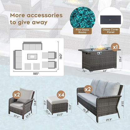 Yechen Patio Conversation Set 10 Seats with 44" Propane Gas Fire Pit Table - 7 Pcs Outdoor Wicker Furniture Set with Lid & Wind Shields - Sectional Sofa Set for Porch,Backyard