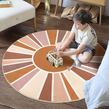Topotdor Sun Rainbow Round Rug 4ft Boho Kids Nursery Rug, Colorful Washable Area Rug Ultra Soft Circle Classroom Rug Non-Slip for Bedroom Living Room Playroom Decor, Orange