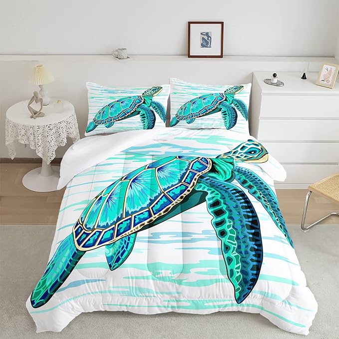 CVHOUSE Sea Turtle Bedding Set,Sea Turtle Comforter King,Ocean Bohemia Comforter Set for Boys Kids Girls,Ocean Quilt Set with 1 Comforter and 2 Pillow Cases