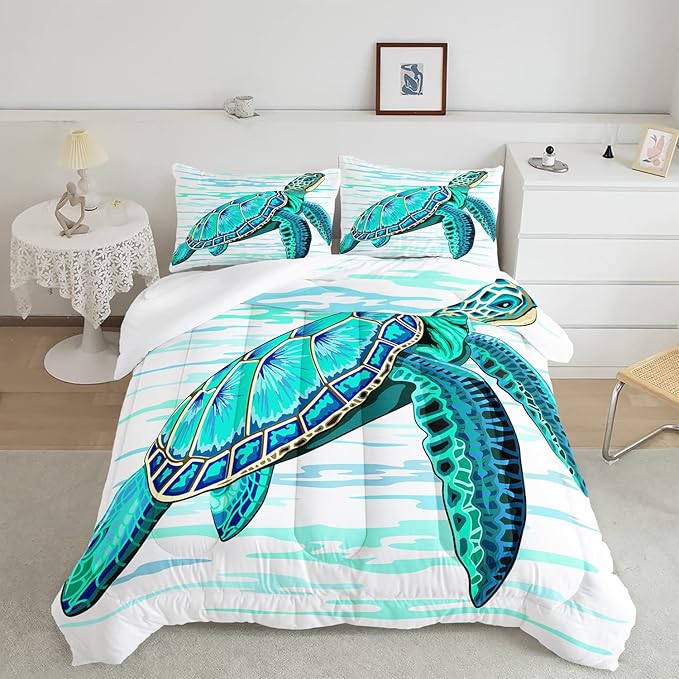 CVHOUSE Sea Turtle Bedding Set,Sea Turtle Comforter Queen,Ocean Bohemia Comforter Set for Boys Kids Girls,Ocean Quilt Set with 1 Comforter and 2 Pillow Cases