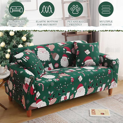 Mybedsoul Christmas Printed Sofa Cover Santa Claus Elastic Couch Cover Machine Washable Christmas Theme Red Sofa Slipcover for Living Room(3 Seater)
