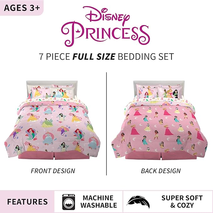 Disney Princess Kids Bedding Super Soft Comforter and Sheet Set with Sham, 7 Piece Full Size, "Official" Disney Product By Franco (PRINTS MAY VARY)