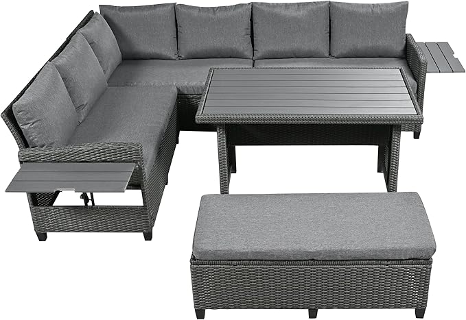 Merax Patio Furniture Sets Outdoor, All Weather Sectional PE Rattan Sofa with 2 Extendable Side, Dining Table and Bench, 5-Piece, Grey