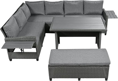 Merax Patio Furniture Sets Outdoor, All Weather Sectional PE Rattan Sofa with 2 Extendable Side, Dining Table and Bench, 5-Piece, Grey
