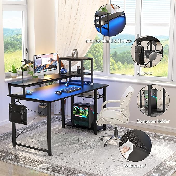 Gaming Desk with Lights & Power Outlets, 39.4' Computer Desk with Shelves, Small Desk for Small Space, Writing Desk with Monitor Stand, Black