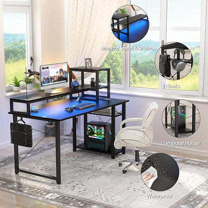 Gaming Desk with Lights & Power Outlets, 39.4' Computer Desk with Shelves, Small Desk for Small Space, Writing Desk with Monitor Stand, Black