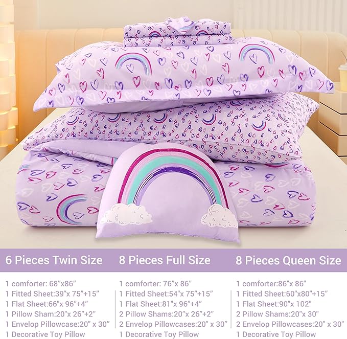 Mooreeke Queen Size Comforter Sets for Girls Kids, 8 Pieces Bed in a Bag Purple Love Heart Rainbow Bedding Comforter Sheet Set with Shams and Decorative Toy Pillow, Ultral Soft Microfiber Kids Bed Set