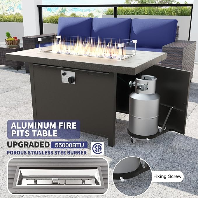 Kullavik 13PCS Outdoor Patio Furniture Set with 43" 55000BTU Gas Propane Fire Pit Table PE Wicker Rattan Sectional Sofa Patio Conversation Sets,Navy blue