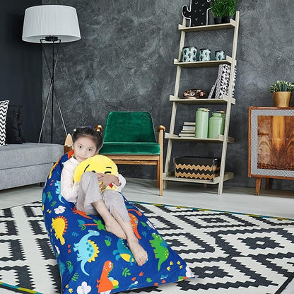 Stuffed Animal Storage Bean Bag Chair Cover, Cotton Blue Dinosaur Plush Toy Storage Stuff and Sit Seat for Kids/Teens/Adults, 52" x 31" Extra Large Triangle Floor Sofa, 200L/52Gal, Cover Only