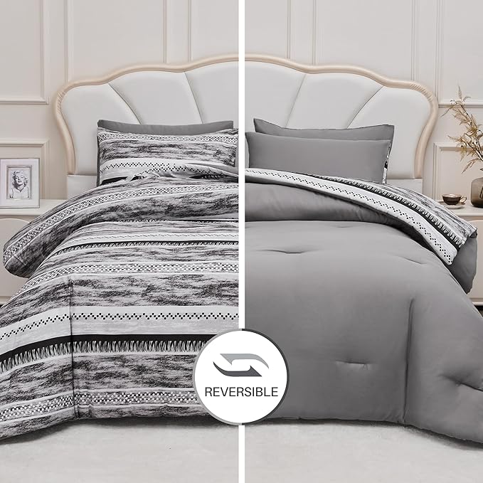 Striped Queen Size Comforter Set, Grey Black 3 PCS Microfiber Soft Lightweight Bedding Set