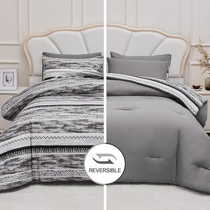 Striped Queen Size Comforter Set, Grey Black 3 PCS Microfiber Soft Lightweight Bedding Set