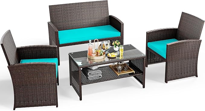 YITAHOME Patio Furniture Wicker Outdoor Bistro Set, 4-Piece All Weather Rattan Conversation Loveseat for Backyard, Balcony and Deck w/Soft Cushions and Metal Coffee Table (Brown+Blue)