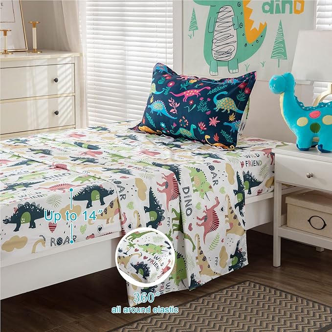 Dinosaur Twin Comforter Set for Boys Girls 4-Piece Dino Kids Bedding Sets Ultra Soft Cartoon Bedroom Set - Include Reversible Comforter, Flat Sheet, Fitted Sheet and Pillowcase, Blue
