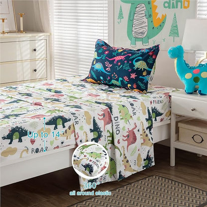 Dinosaur Twin Comforter Set for Boys Girls 4-Piece Dino Kids Bedding Sets Ultra Soft Cartoon Bedroom Set - Include Reversible Comforter, Flat Sheet, Fitted Sheet and Pillowcase, Blue