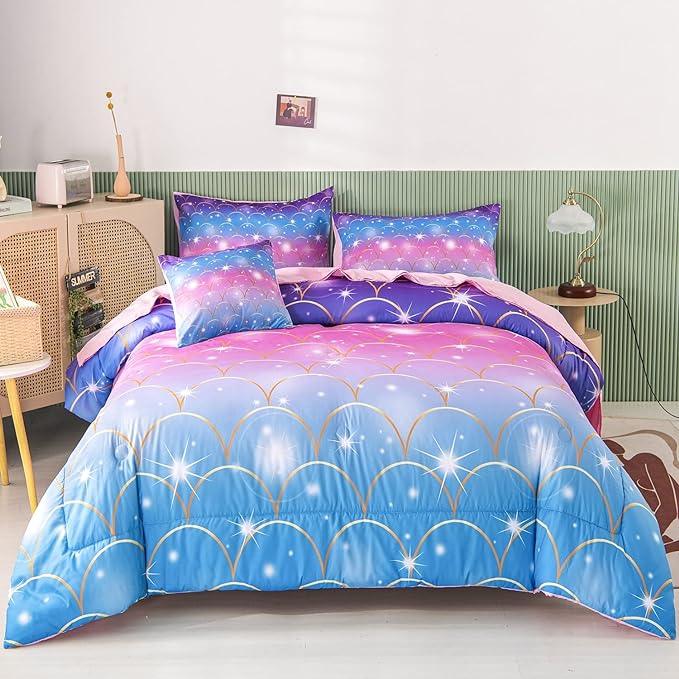 RYNGHIPY 6Pcs Teal Pink Sparkle Mermaid Comforter Sets Queen Size, 3D Rainbow Glitter Girls Bedding Sets, Ombre Pastel Fish Scale Bedding Collection Sets
