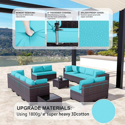 Kullavik 14PCS Outdoor Patio Furniture Set PE Wicker Rattan Sectional Sofa Patio Conversation Sets,Blue