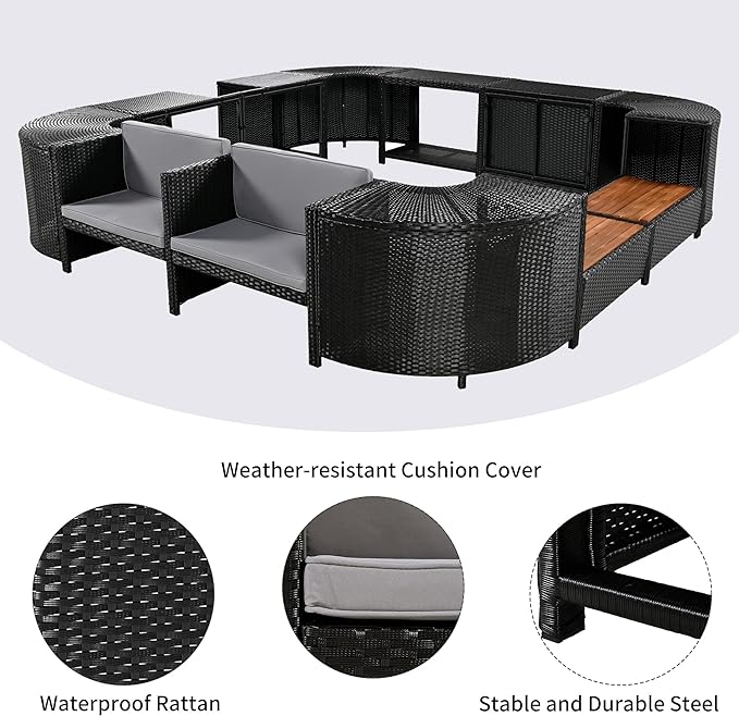 Outdoor Patio Furniture Set Spa Surround Quadrilateral Sofa with Wood Seatings, Rattan Sectional Couch w/Storage Space and Waterproof Cushions, for Yard Pool Backyard, Grey