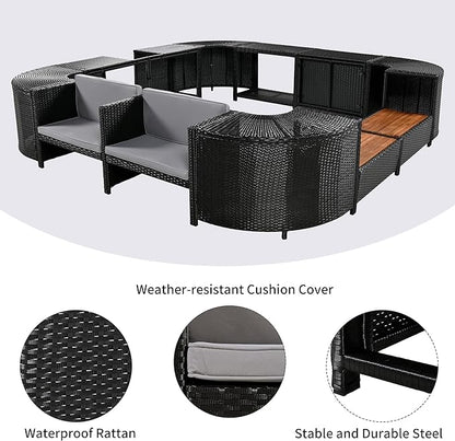 Outdoor Patio Furniture Set Spa Surround Quadrilateral Sofa with Wood Seatings, Rattan Sectional Couch w/Storage Space and Waterproof Cushions, for Yard Pool Backyard, Grey