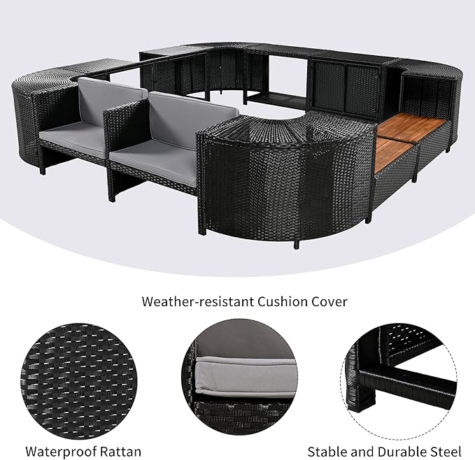 Outdoor Spa Surround Set Patio Furniture with Storage Space, Wood Seatings and Waterproof Cushions, Quadrilateral Rattan Sectional Sofa, for Backyard Deck Poolside, Onesize, Grey