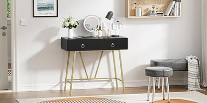 Anmytek Home Office Desk Black Writing Desk with 2 Drawers Modern & Simple Makeup Vanity Study Table Small Computer Desk, D0007