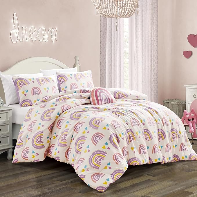 for Kids Rainbow Hearts 4-Piece Comforter Set - Beautiful Motif Design Bedding Set with Embrodery Print