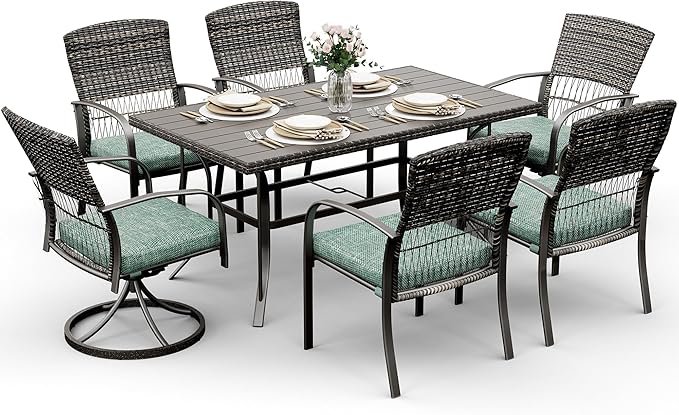 Pamapic 7 Piece Patio Dining Set for 6,Outdoor Wicker Furniture Set for Backyard Garden Deck Poolside with 4 Dining Chairs and 2 Swivel Rockers,Iron Slats Table Top, Removable Cushions(Green)